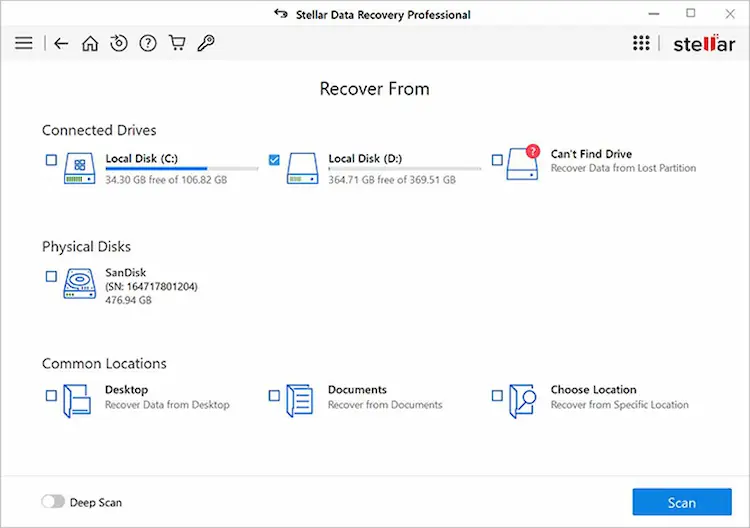 Stellar Data Recovery Tool Scan button