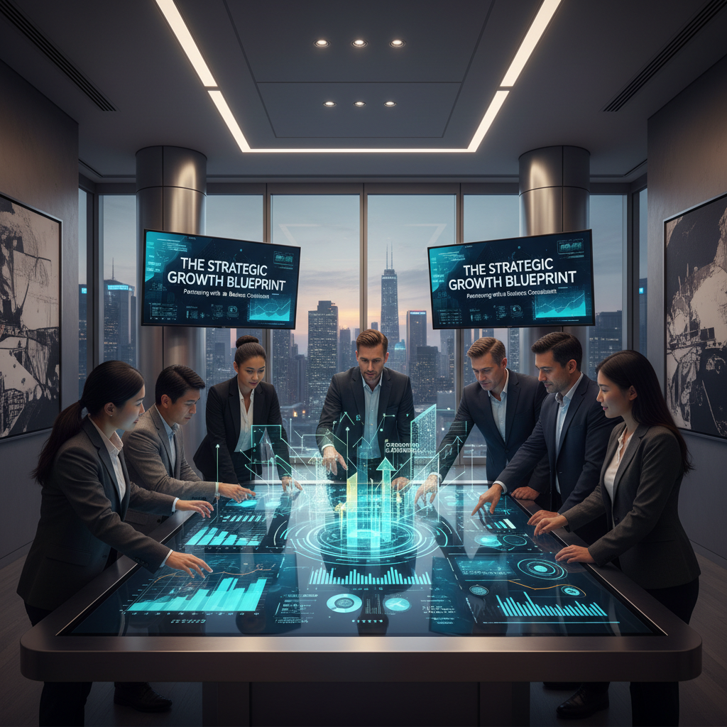 Diverse professionals collaborating on a futuristic digital interface with charts, graphs, and a glowing blueprint overlay, symbolizing strategy, technology, and growth.