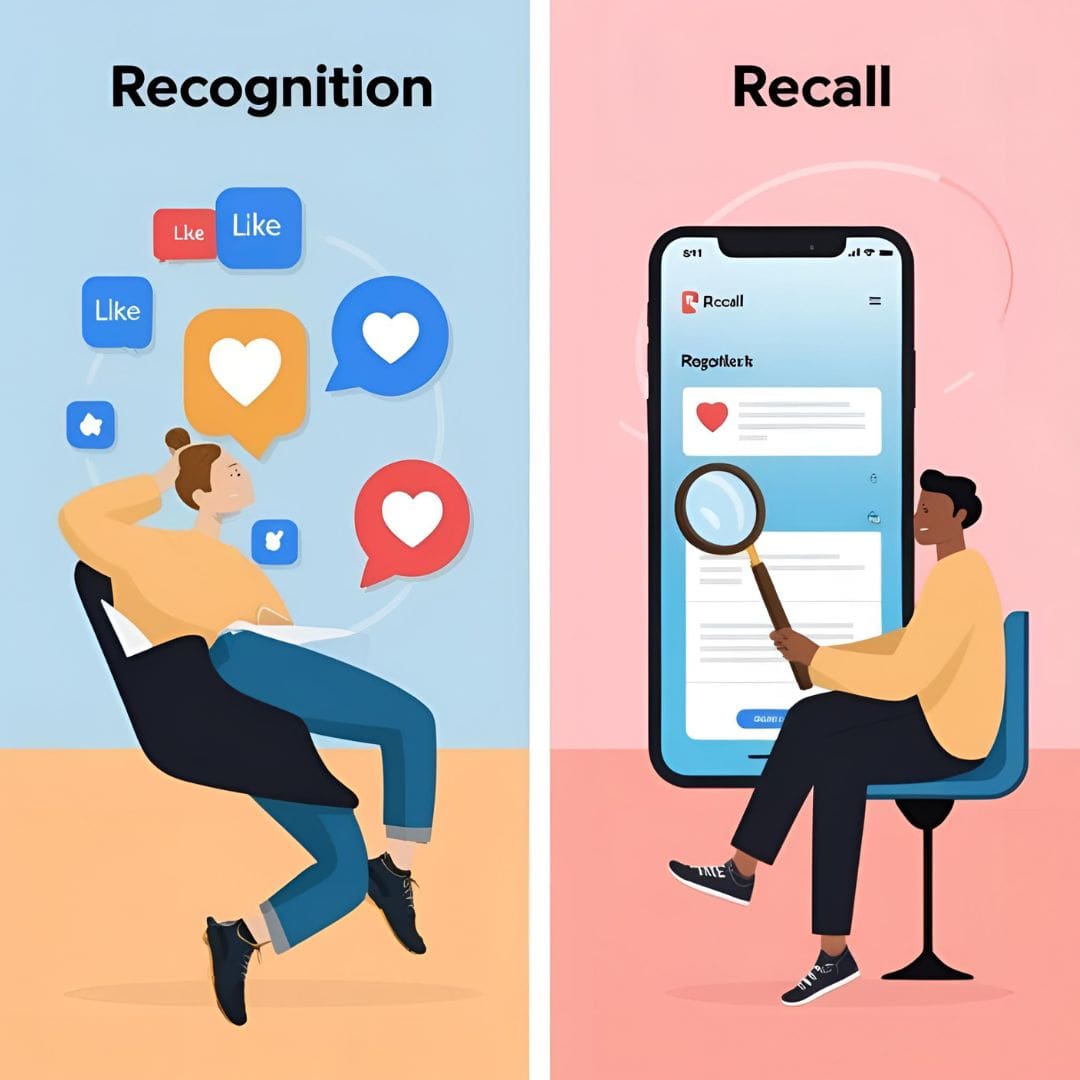 Two images feature people on social media, with one using a phone, emphasizing memory recognition and recall in UX design.