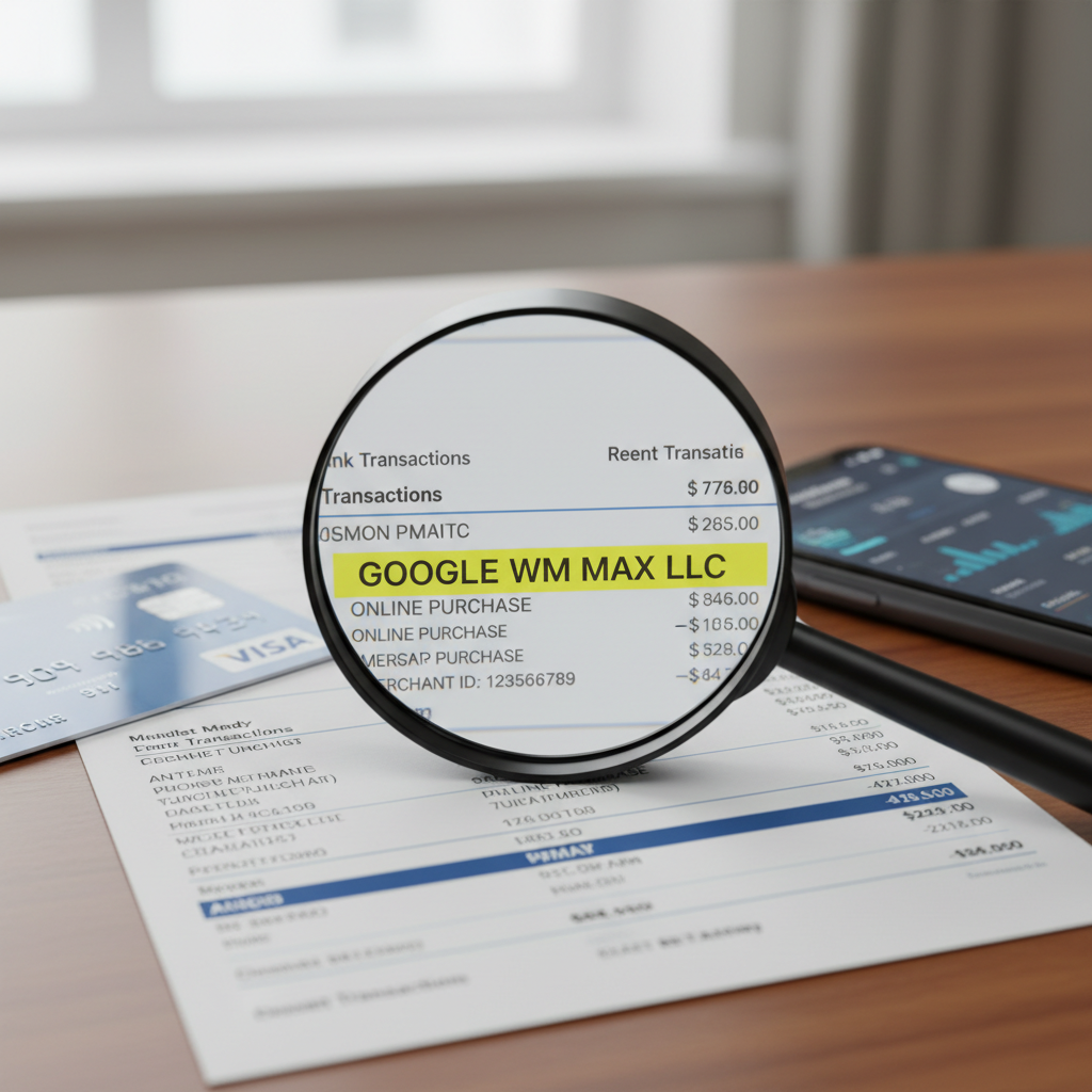 A magnifying glass highlighting the term 'Google WM Max LLC' on a bank statement, surrounded by a credit card and smartphone, emphasizing financial themes.