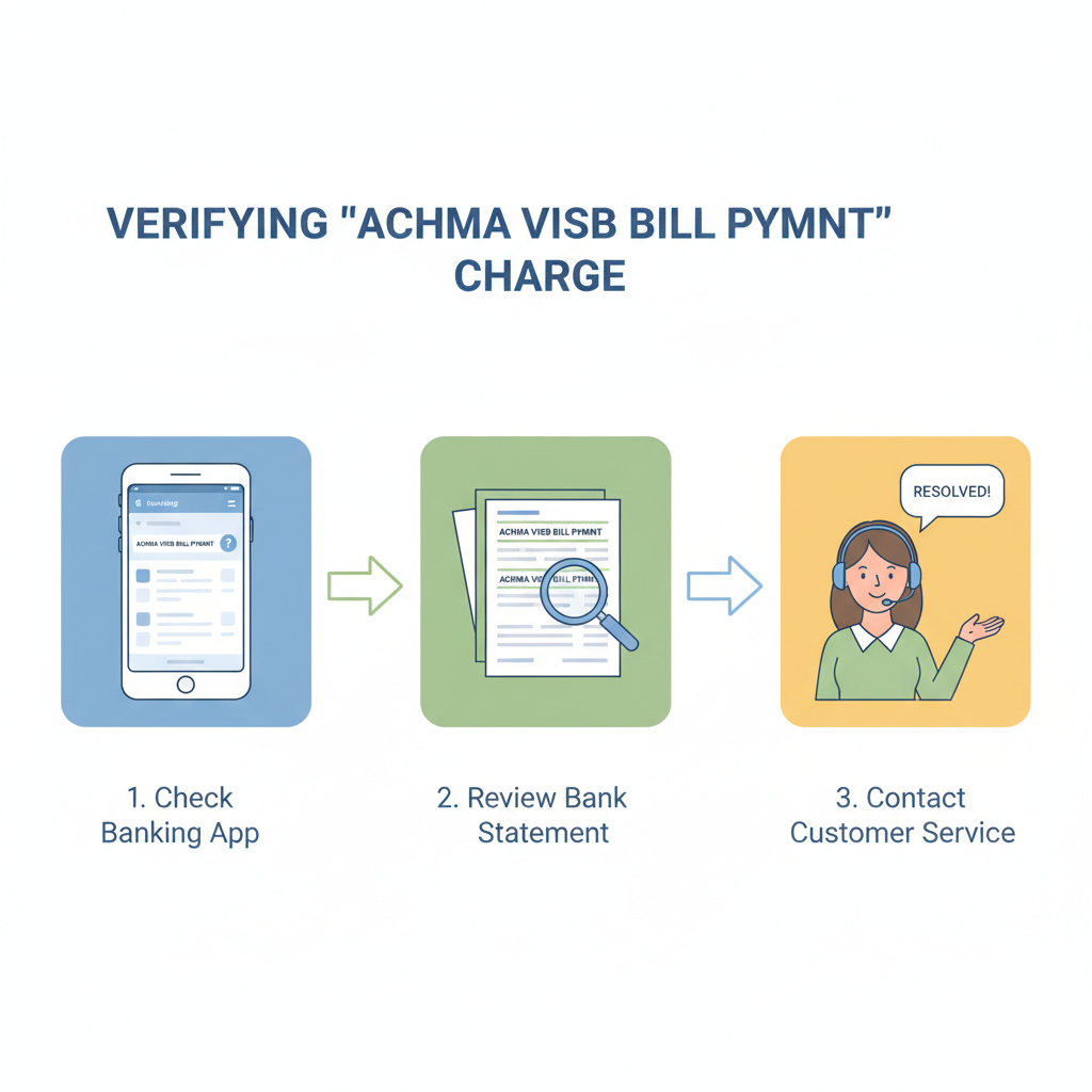 Steps to verify 'ACHMA VISB BILL PYMNT' with icons of phone, bank statement, and customer support.