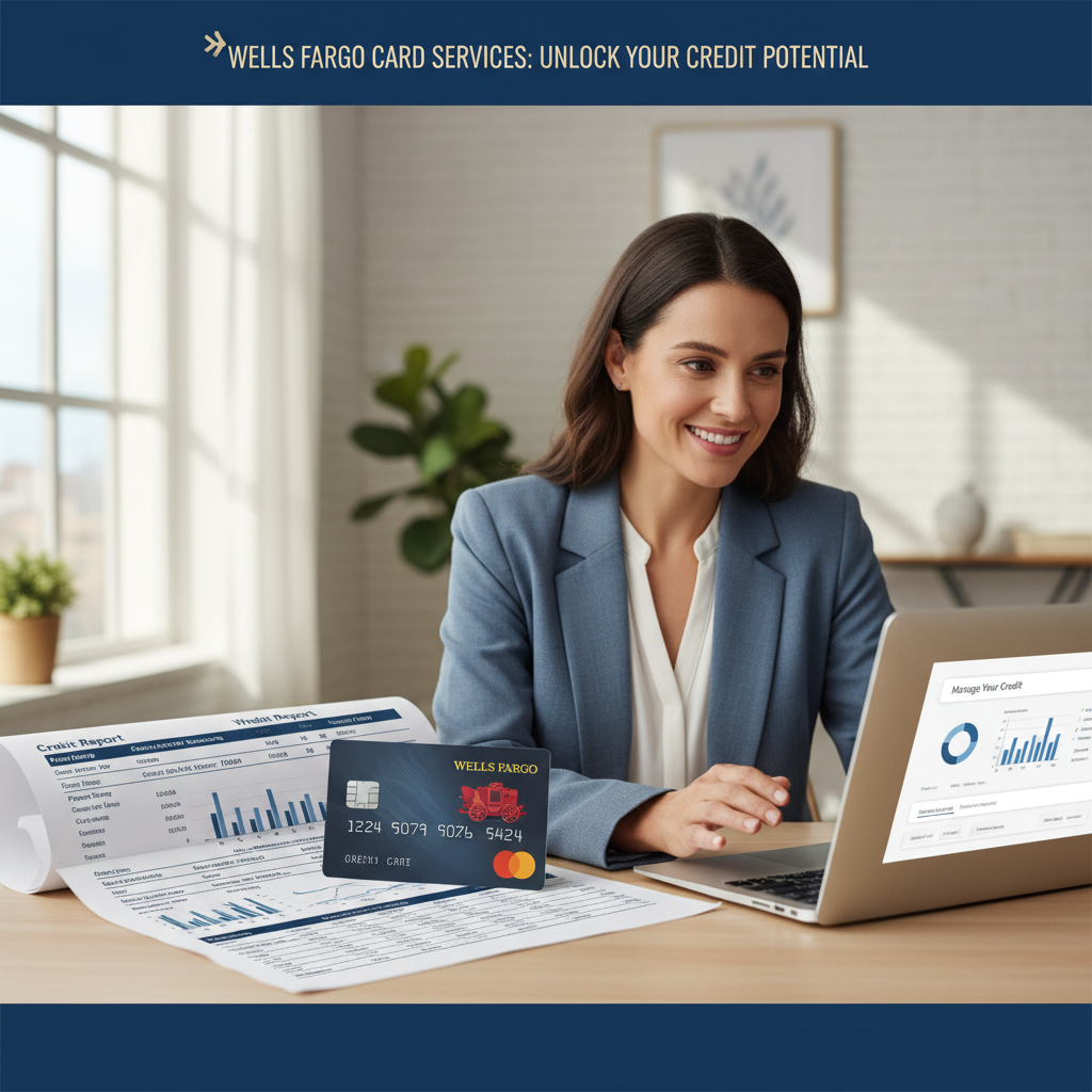 A smiling person confidently managing their finances with a Wells Fargo credit card and a credit report on their desk, symbolizing financial empowerment.