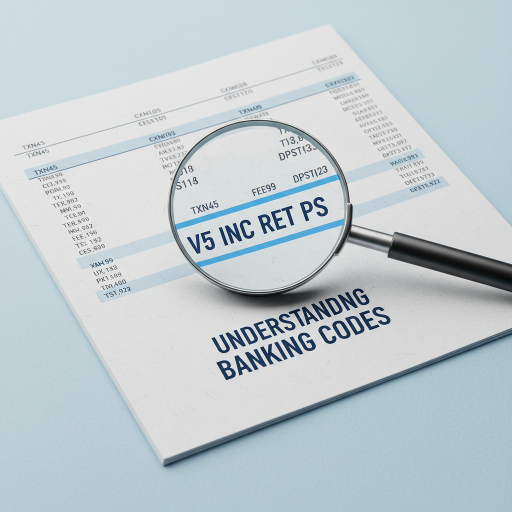 A clean and modern image of a bank statement with the code "V5 INC RET PS" highlighted under a magnifying glass, symbolizing clarity and understanding of banking codes.