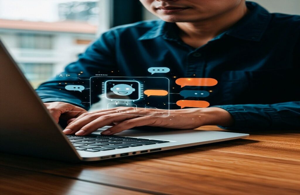 man using laptop with chatbot interface 1