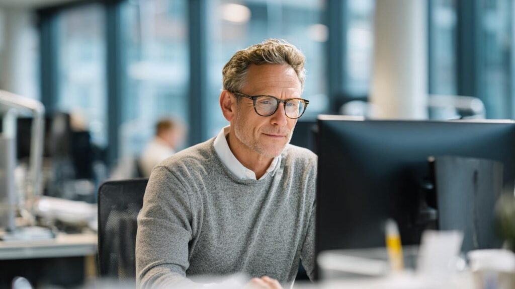Professional researching purchases from a desktop computer at the office image 4